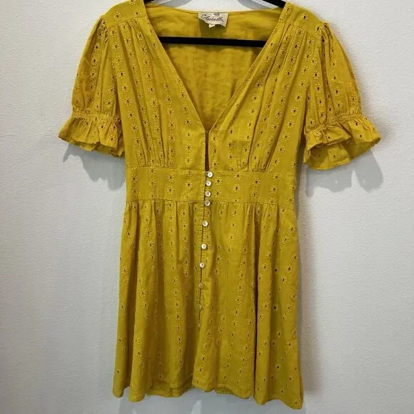 Cleobella Kaia Yellow Eyelet Cotton Mini Summer Dress Medium Boho Casual - Picture 3 of 10